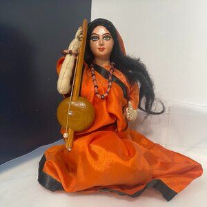 Vintage Handmade Wooden & Fabric Traditional Indian Doll w/ Sitar 8 inch